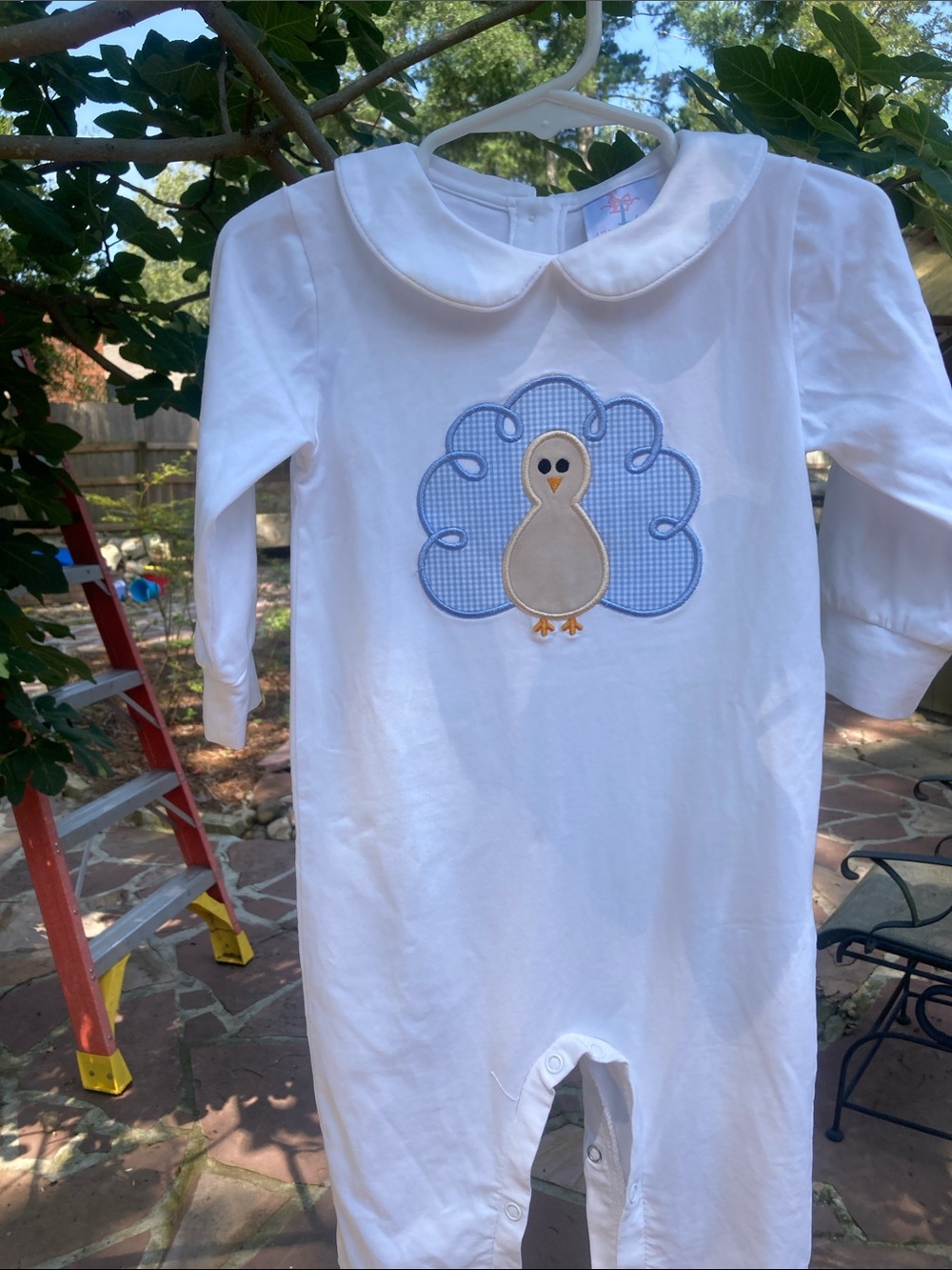 Lillie and Lilah  white Baby Footed One-Piece with Blue Chick Applique